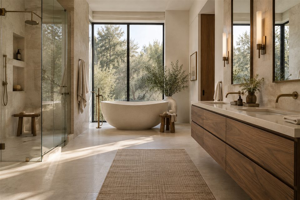 Light stone primary bathroom, walnut vanity and freestanding tub beside a window