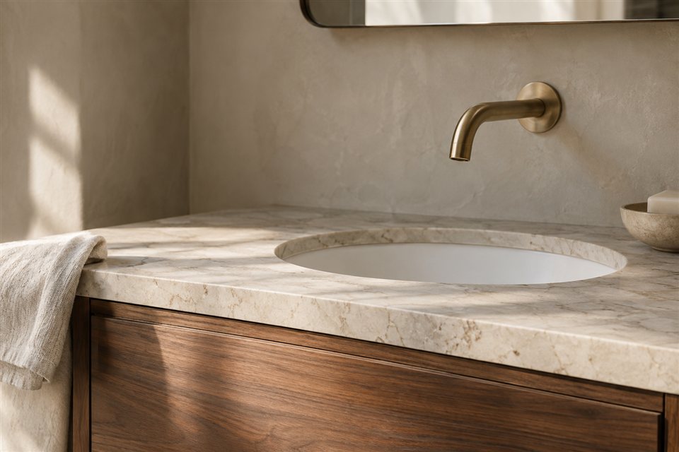 Walnut vanity joinery, pale stone counter and a brushed brass basin spout