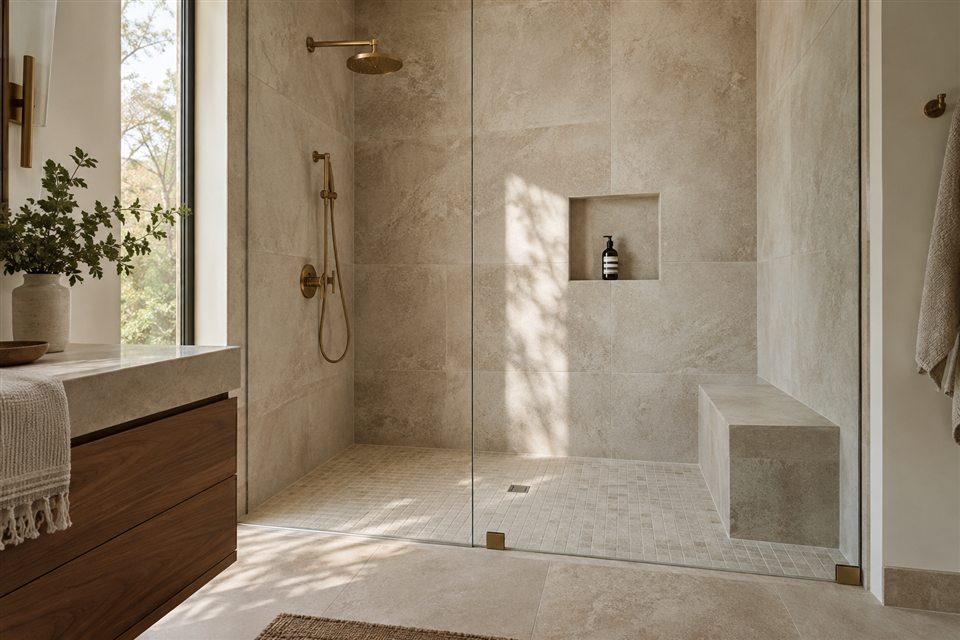 Stone walk-in shower with brass controls, recessed niche and a built-in bench